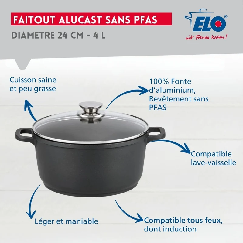 Faitout 24 cm sans PFAS Elo Alucast