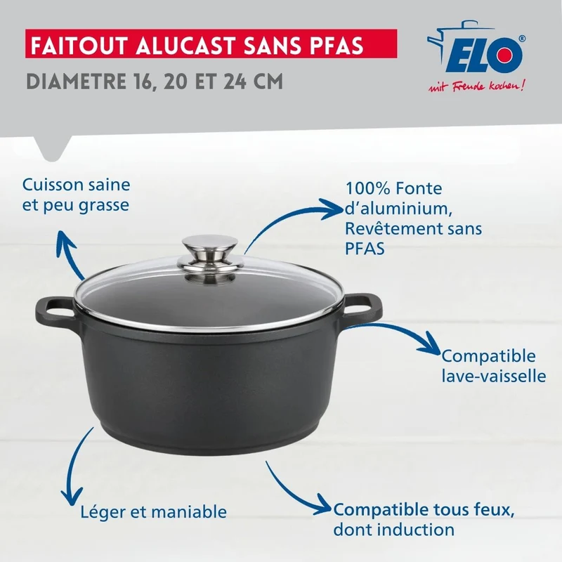 Set de 3 faitouts 16 cm 20 cm et 24 cm sans PFAS avec couvercles en verre Elo Alucast