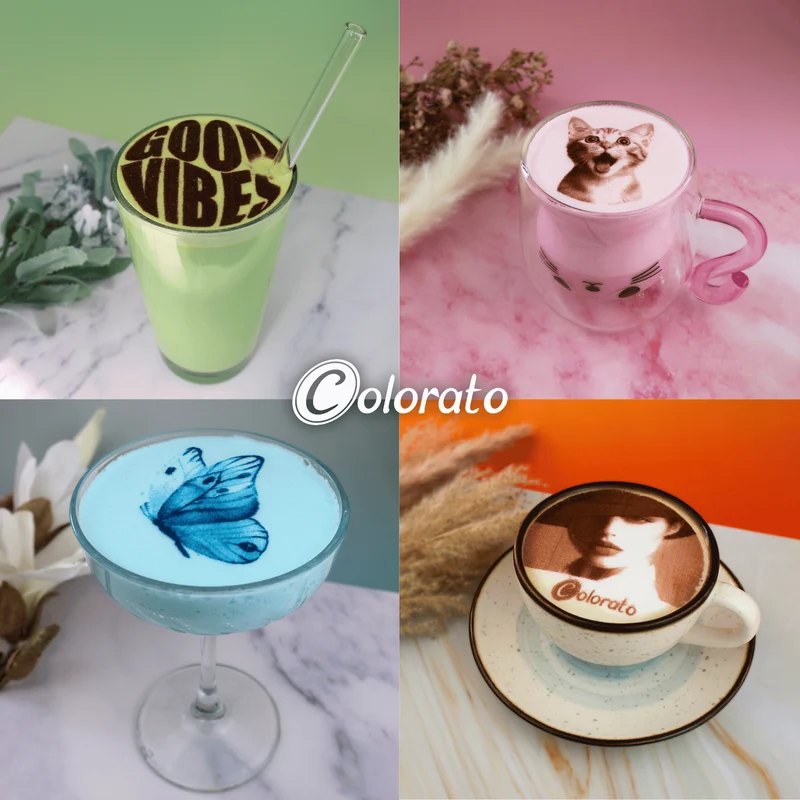 Imprimante à café / imprimante à bière / imprimante latte art Coloranino® (pack complet) + 1 cartouche gratuite (marron) + caméra selfie gratuite