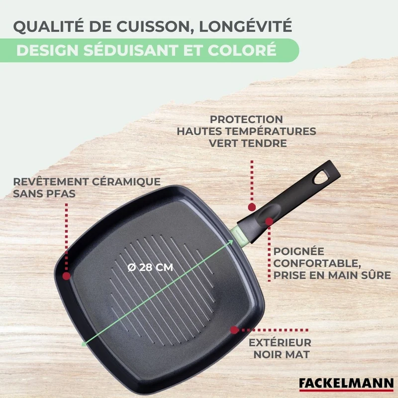 Gril 28 cm aluminium revêtement céramique antiadhésif sans PFAS Fackelmann Brandao