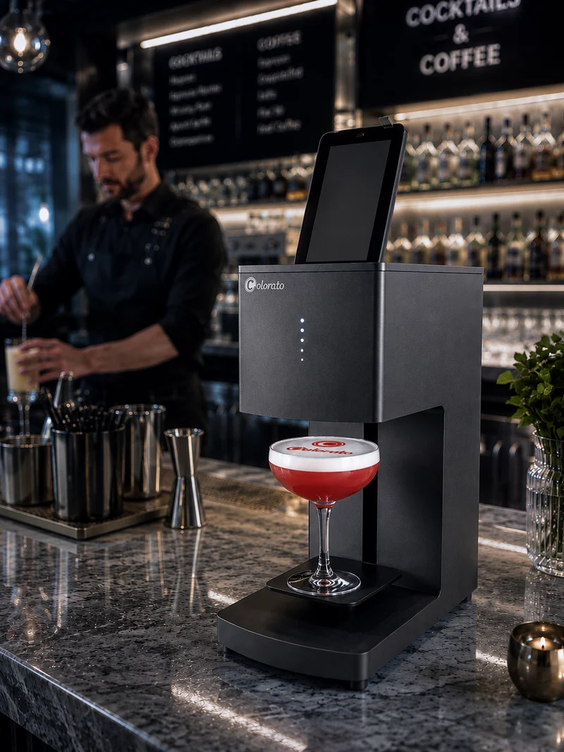 Imprimante à café / imprimante à bière / imprimante latte art Coloranino® (pack complet) + 1 cartouche gratuite (marron) + caméra selfie gratuite