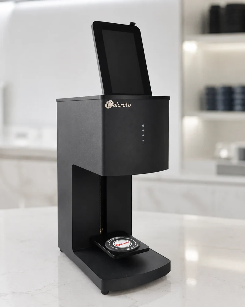 Imprimante à café / imprimante à bière / imprimante latte art Coloranino® (pack complet) + 1 cartouche gratuite (marron) + caméra selfie gratuite