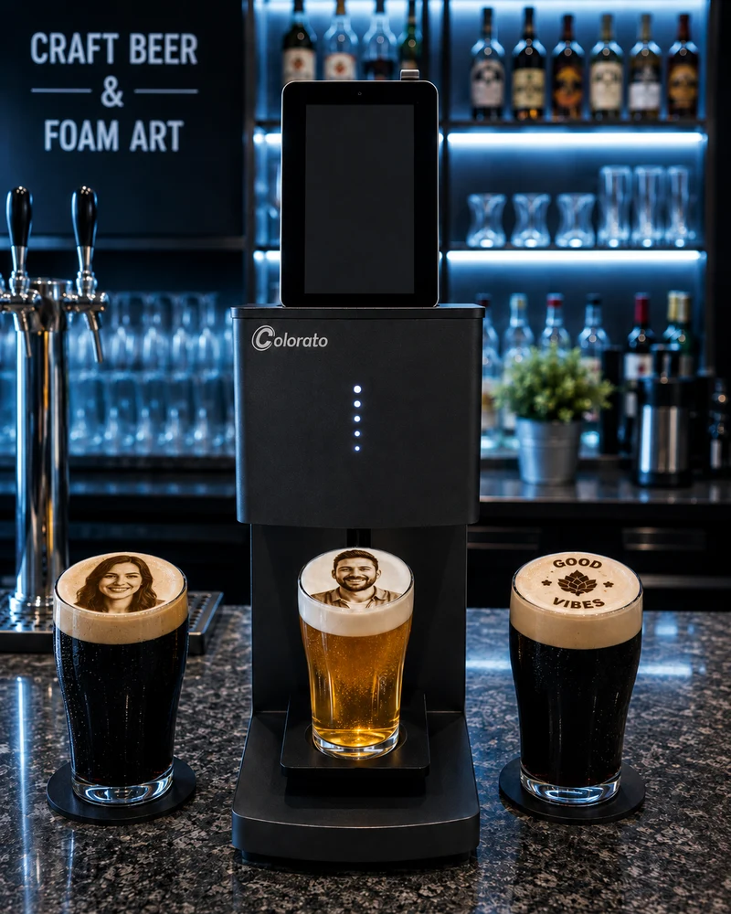 Imprimante à café / imprimante à bière / imprimante latte art Coloranino® (pack complet) + 1 cartouche gratuite (marron) + caméra selfie gratuite