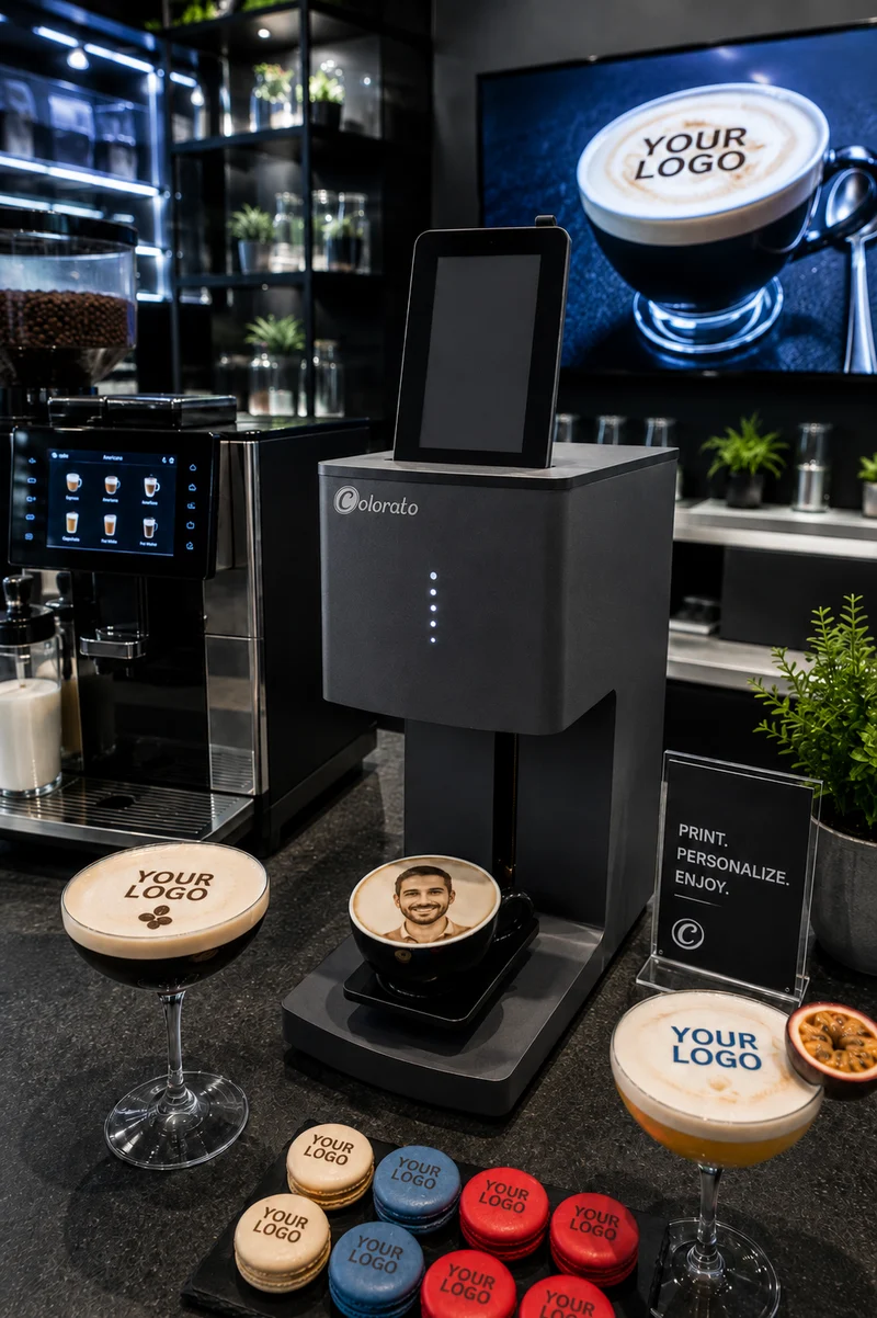 Imprimante à café / imprimante à bière / imprimante latte art Coloranino® (pack complet) + 1 cartouche gratuite (marron) + caméra selfie gratuite
