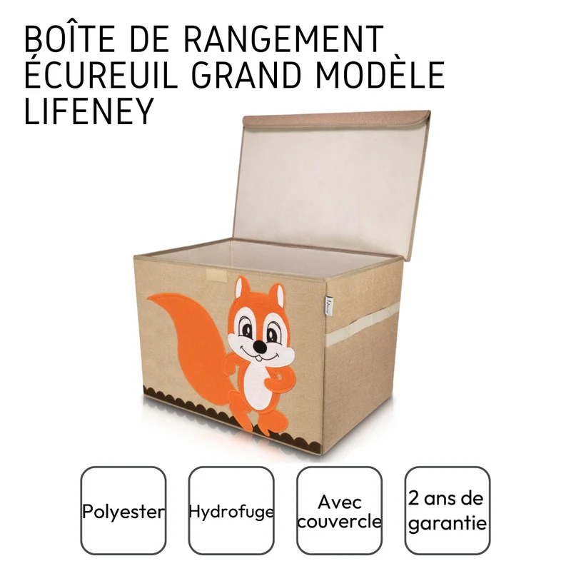 Boîte de rangement en tissu pour enfant grand modèle "écureuil" avec couvercle Lifeney