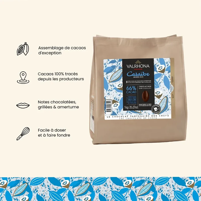 Fèves de Chocolat Noir pour la Pâtisserie Caraïbe 66% - 1 Kg | Valrhona