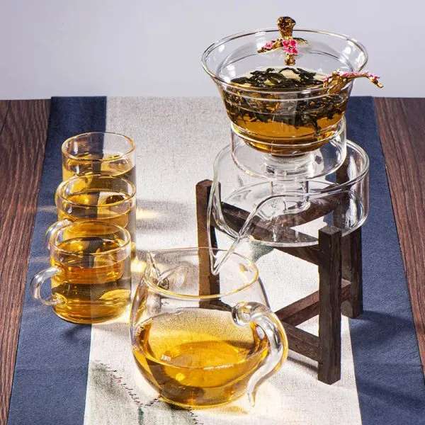 Glass Teapot with Wooden Shelf – Flower Design