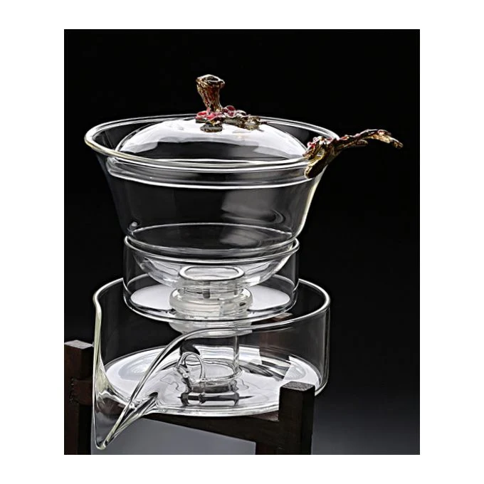 Glass Teapot with Wooden Shelf – Flower Design
