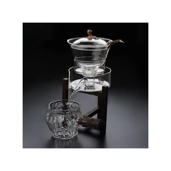 Glass Teapot with Wooden Shelf – Flower Design