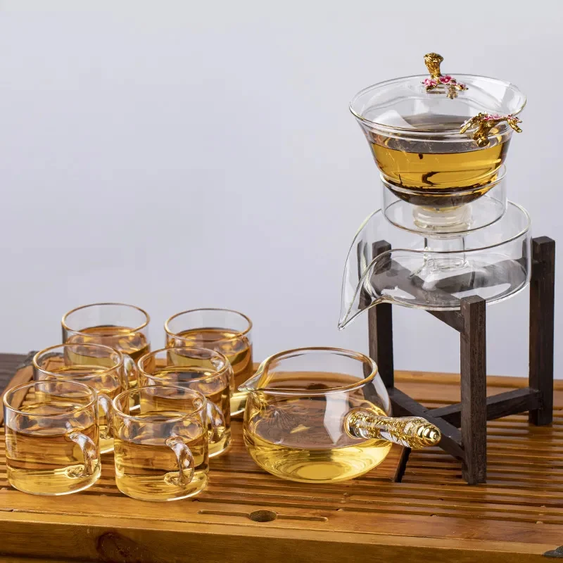 Glass Teapot with Wooden Shelf – Flower Design