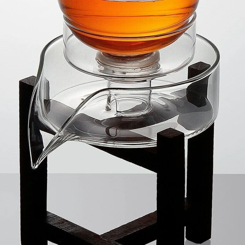 Glass Teapot with Wooden Shelf – Flower Design