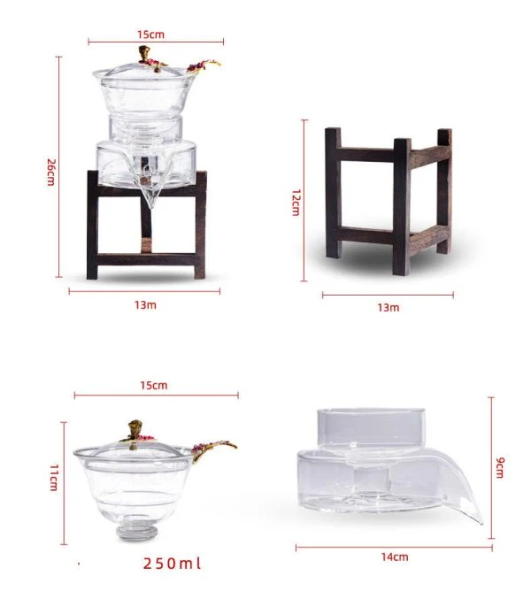 Glass Teapot with Wooden Shelf – Flower Design