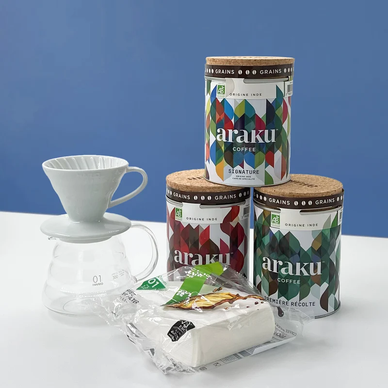 Coffret V60 - Set V60 hario (taille 1) et 3 boites de café