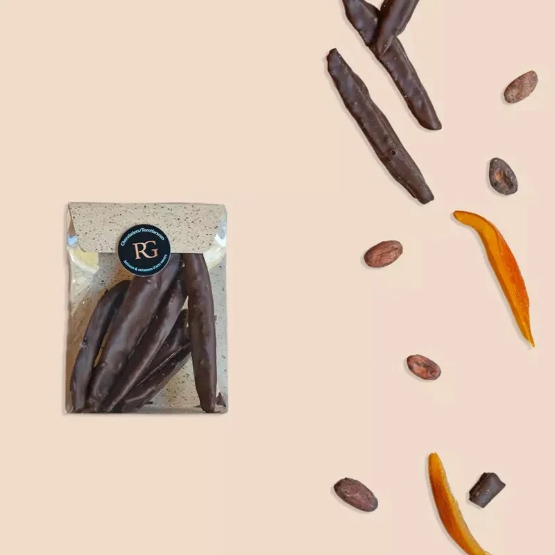 Covered fruits, dark chocolate orange strips, 70%, orangette, Chocolaterie RG