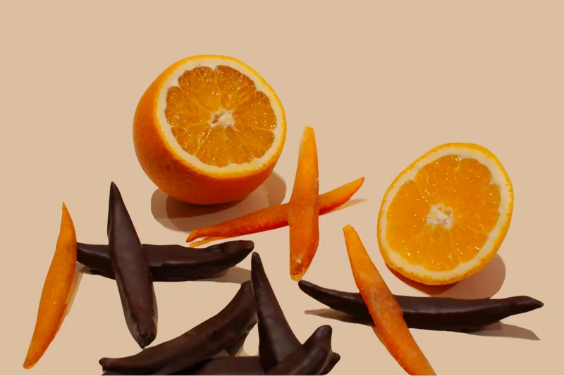 Covered fruits, dark chocolate orange strips, 70%, orangette, Chocolaterie RG