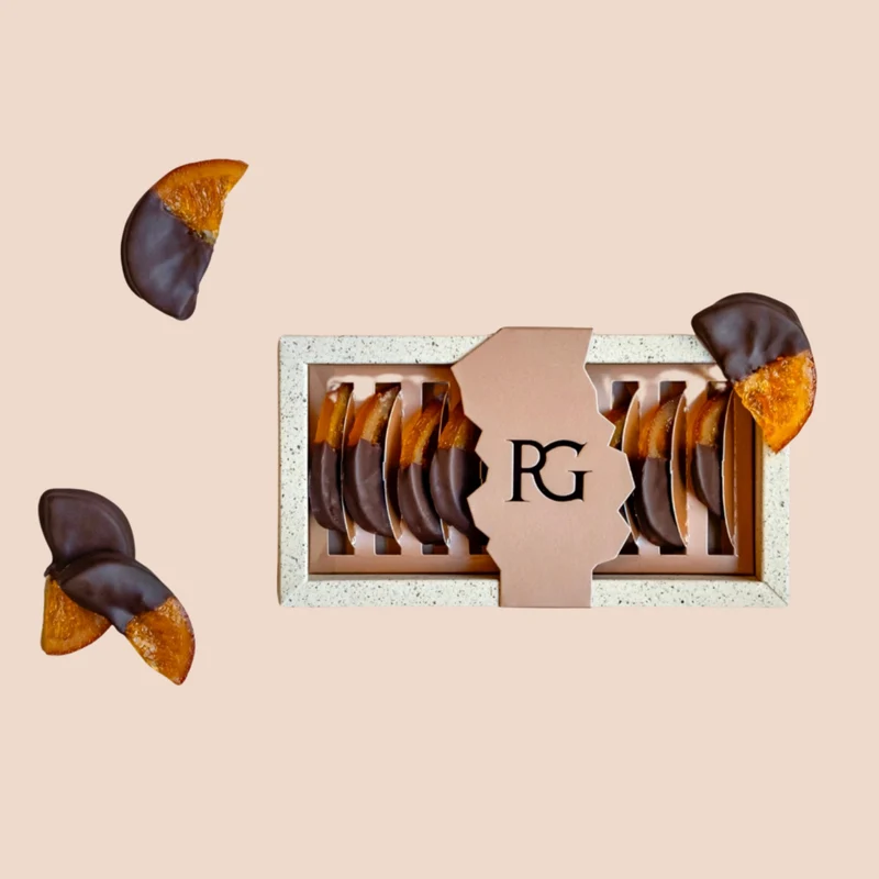 Covered fruits, dark chocolate candied orange slices, 70%, Chocolaterie RG