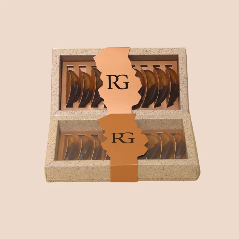 Covered fruits, dark chocolate candied orange slices, 70%, Chocolaterie RG