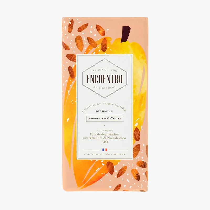 Chocolat Noir BIO Fourrée Amandes et Coco - 70% cacao - 100 Gr | Encuentro