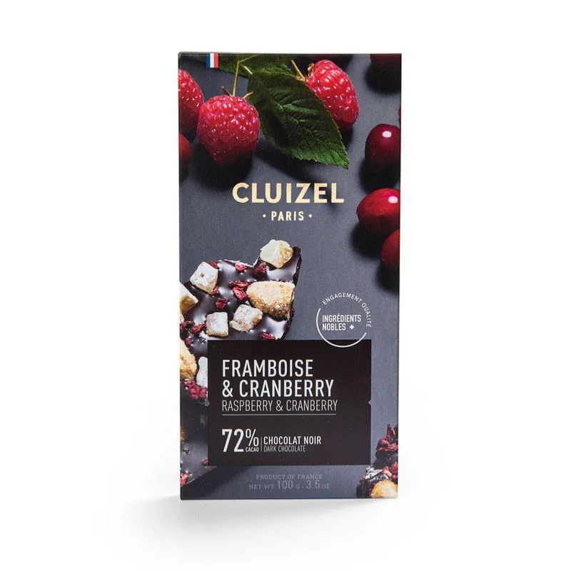 Chocolat Noir Framboise & Cranberry - 72% cacao - 100 Gr | Cluizel Paris