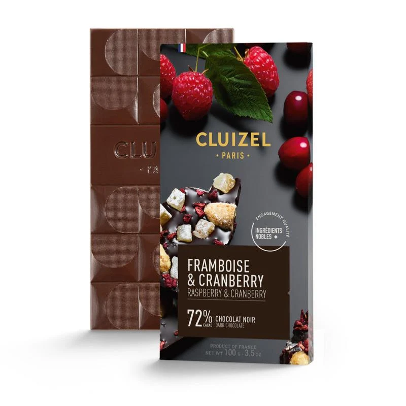Chocolat Noir Framboise & Cranberry - 72% cacao - 100 Gr | Cluizel Paris