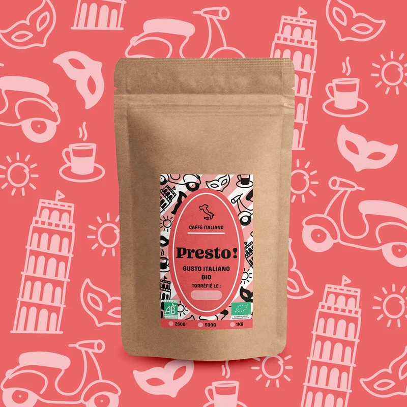 Café en Grain Presto - Blend Gusto Italiano | Arabica/Robusta - Café Certifié Biologique - Goût Italien