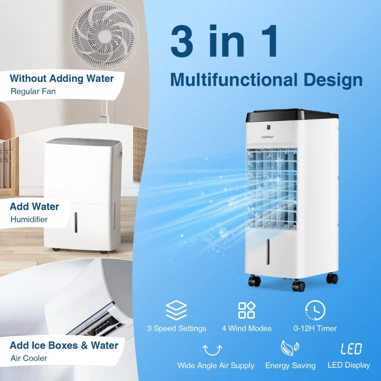 Costway 3-in-1 Evaporative Air Cooler | 4 Modes & 3 Speeds | Remote Control | Compact Portable Fan