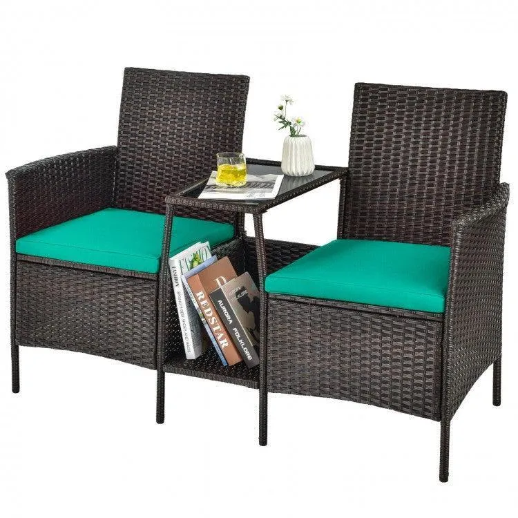 Patio Rattan Wicker Conversation Set Sofa HW63233RE with Cushioned Loveseat Glass Table