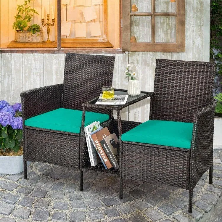 Patio Rattan Wicker Conversation Set Sofa HW63233RE with Cushioned Loveseat Glass Table