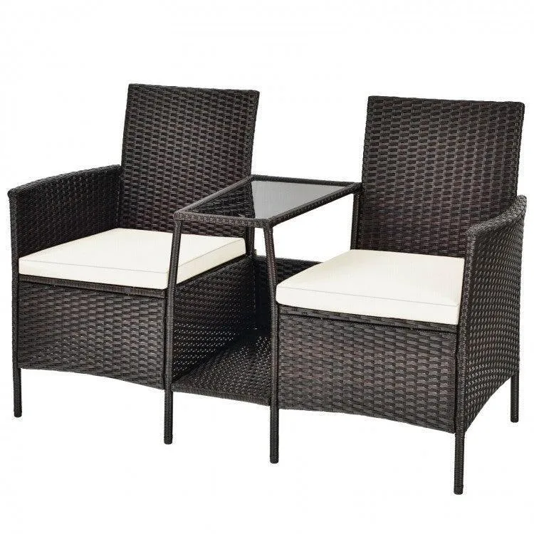 Patio Rattan Wicker Conversation Set Sofa HW63233RE with Cushioned Loveseat Glass Table