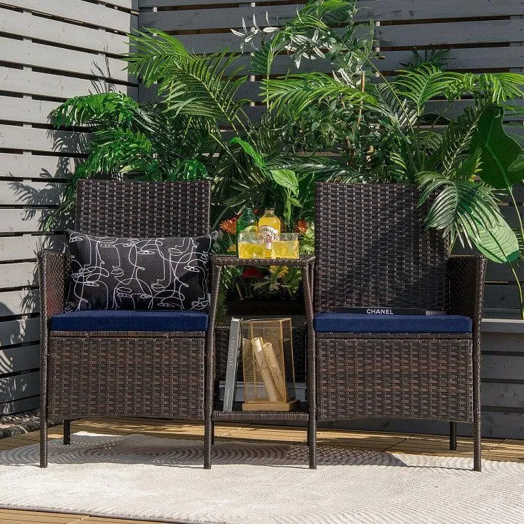 Patio Rattan Wicker Conversation Set Sofa HW63233RE with Cushioned Loveseat Glass Table
