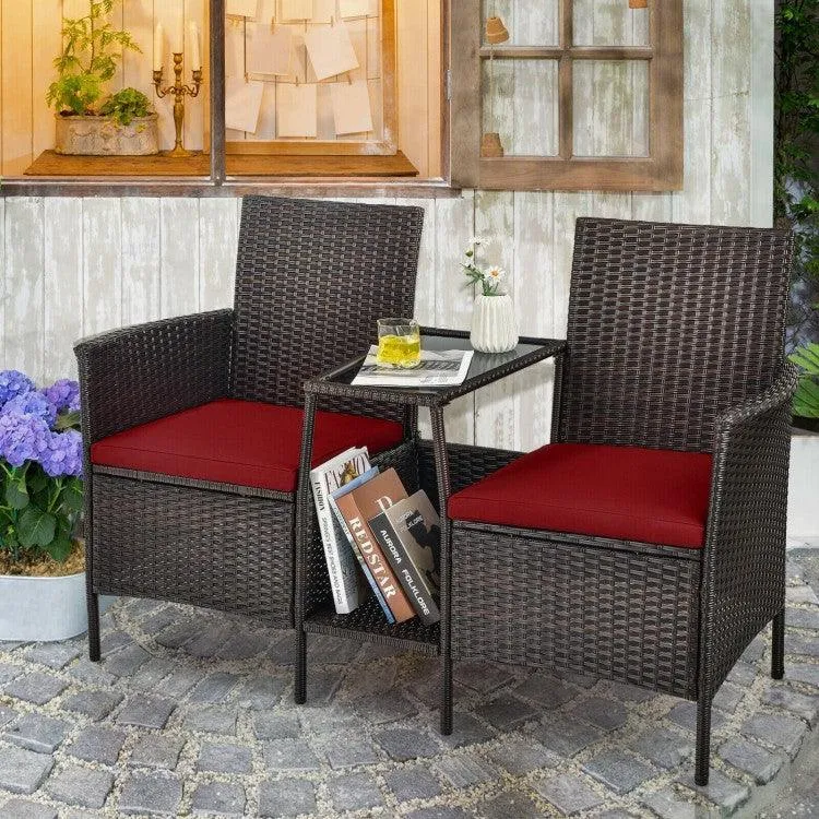 Patio Rattan Wicker Conversation Set Sofa HW63233RE with Cushioned Loveseat Glass Table