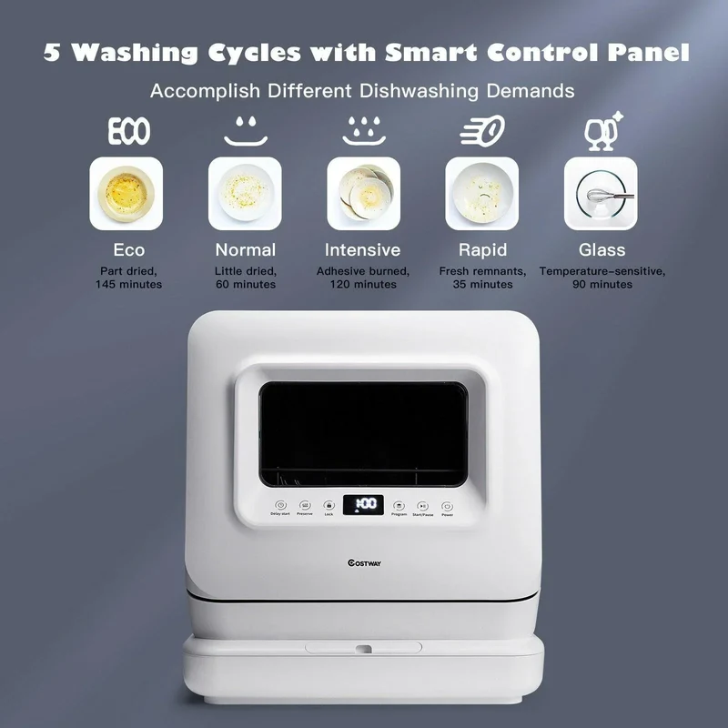 Countertop Dishwasher FP10015,Portable Air Drying 5 Programs with 7.5L Water Tank