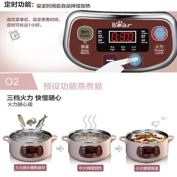 Bear DZG-A80A2 Electric Steamer | 5-in-1 | 8L | 304 S/S | 3-Level Heat | Dry-Burn Protection | 110V