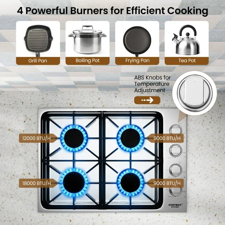 Costway Gas Cooktop CGC430, with 4/6 Powerful Burners and ABS Knobs，30/36 Inch