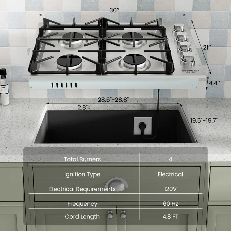 Costway Gas Cooktop CGC430, with 4/6 Powerful Burners and ABS Knobs，30/36 Inch