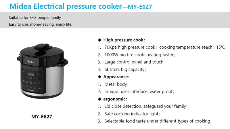 Midea MY-CS627 Electric Pressure Cooker | 6L | Multi-Function | 110V | Stainless Steel Inner Pot