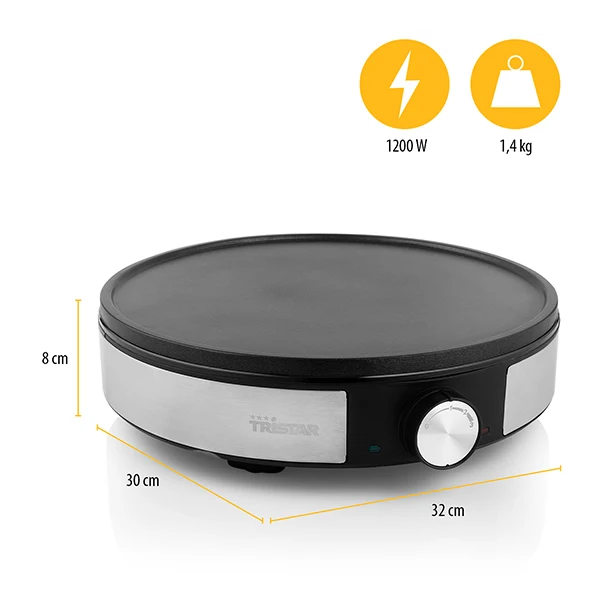 Crêpière électrique 30 cm avec thermostat 1200 W grise BP-2638 Tristar