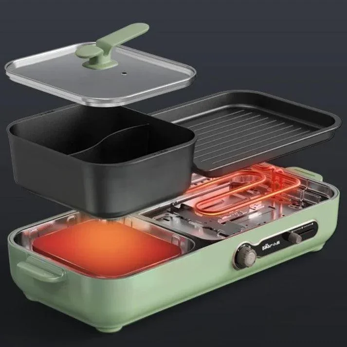 Bear DKL-C16C2 Korean BBQ & Hot Pot | 2-in-1 | 3.4L | 1800W | Non-Stick | Apple Green | Serves 3-8