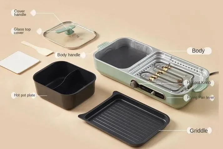 Bear DKL-C16C2 Korean BBQ & Hot Pot | 2-in-1 | 3.4L | 1800W | Non-Stick | Apple Green | Serves 3-8