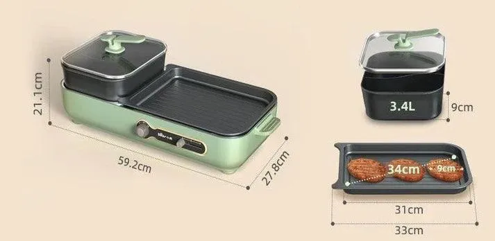 Bear DKL-C16C2 Korean BBQ & Hot Pot | 2-in-1 | 3.4L | 1800W | Non-Stick | Apple Green | Serves 3-8