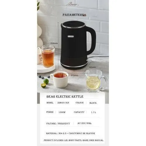Bear ZDH-D17K3 Electric Kettle | 1.7L | 1500W | 304 S/S Inner Pot & Lid | Auto Shut-off | Boil Dry Protection | 110V