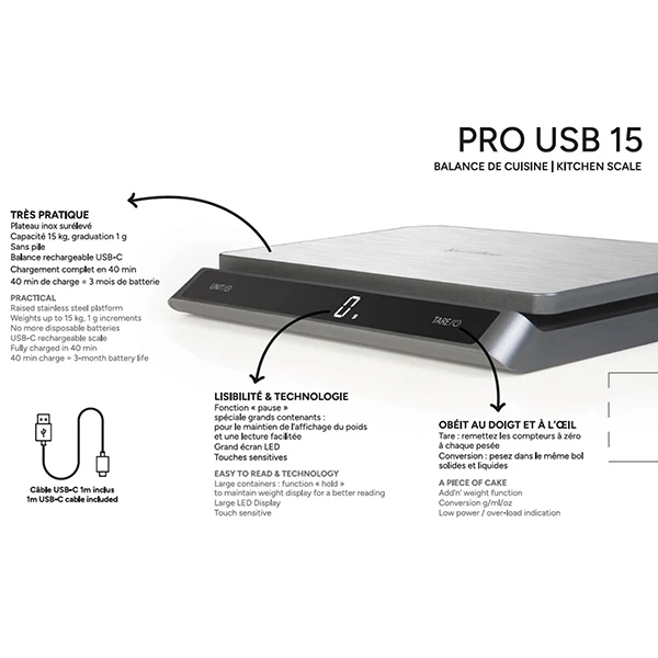 Balance de cuisine digitale inox Pro USB 15 kg Terraillon