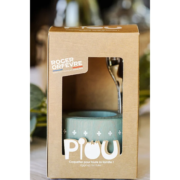 Coffret coquetier et cuillère Piou chevalier vert d’eau Roger Orfèvre