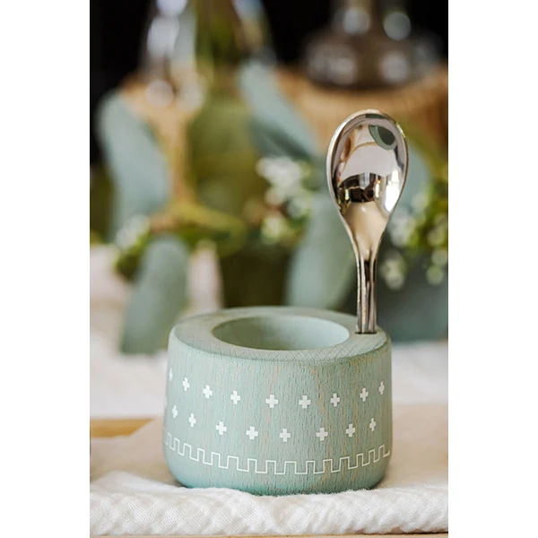 Coffret coquetier et cuillère Piou chevalier vert d’eau Roger Orfèvre