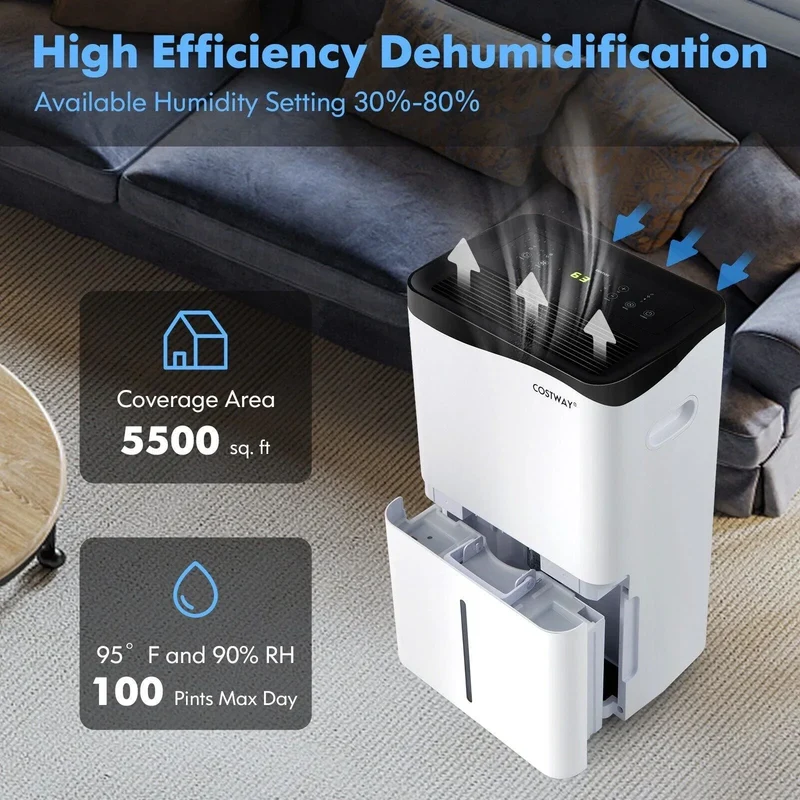 Home 100-Pint Dehumidifier ES10106US-WH,with Smart App and Alexa Control for Home and Basements