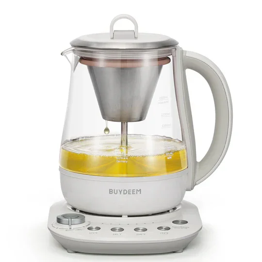 Buydeem K156 Electric Steam Brewer | 1.5L | Tea & Coffee | 6-Strength | Steam Infusion | Oat White | 110V