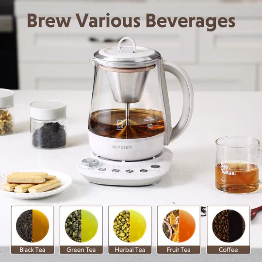 Buydeem K156 Electric Steam Brewer | 1.5L | Tea & Coffee | 6-Strength | Steam Infusion | Oat White | 110V