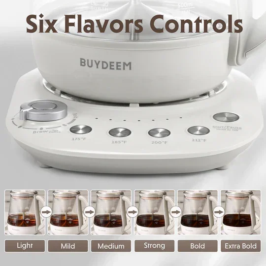 Buydeem K156 Electric Steam Brewer | 1.5L | Tea & Coffee | 6-Strength | Steam Infusion | Oat White | 110V