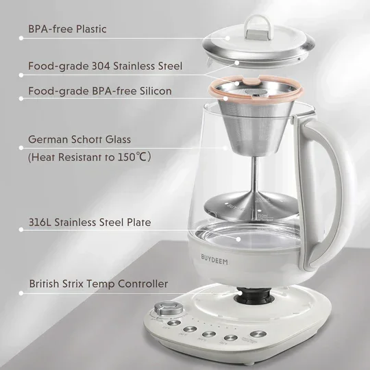 Buydeem K156 Electric Steam Brewer | 1.5L | Tea & Coffee | 6-Strength | Steam Infusion | Oat White | 110V