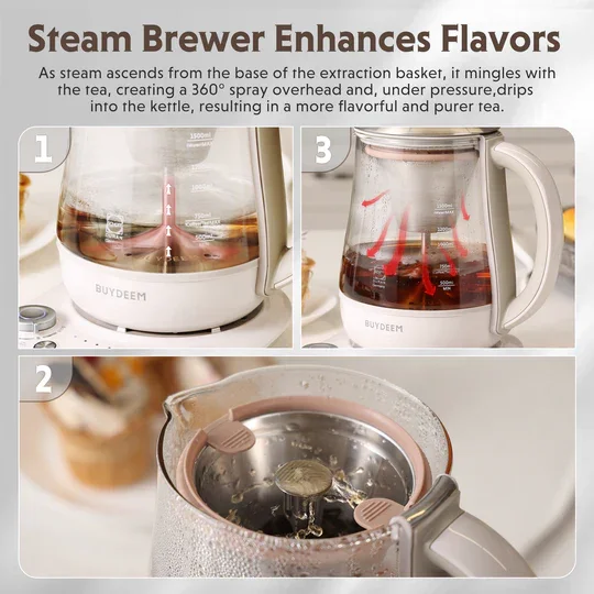 Buydeem K156 Electric Steam Brewer | 1.5L | Tea & Coffee | 6-Strength | Steam Infusion | Oat White | 110V